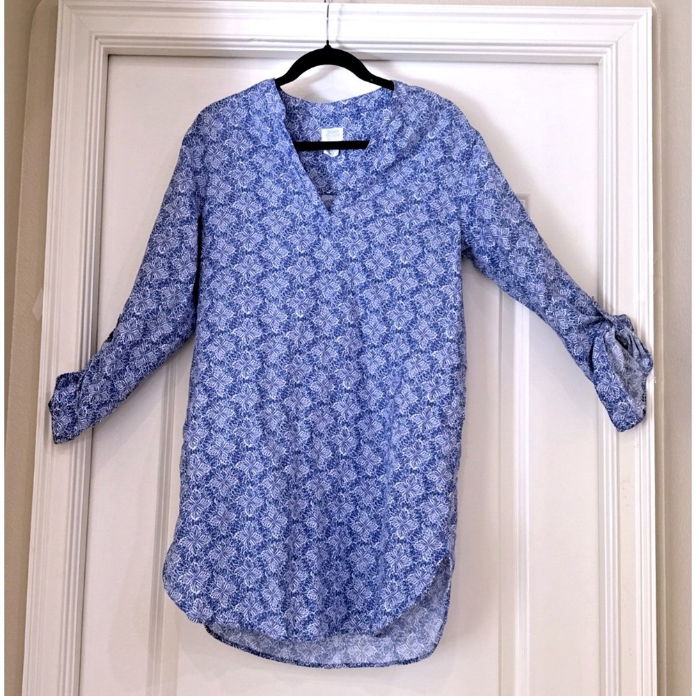 Sigrid Olsen Blue White Floral Linen Tunic Top Roll Tab‎ Sleeve Small